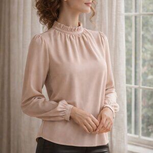 NWOT Soft Elegant Feminine Ruffle Neck Lantern Sleeve Pastel Blush Blouse